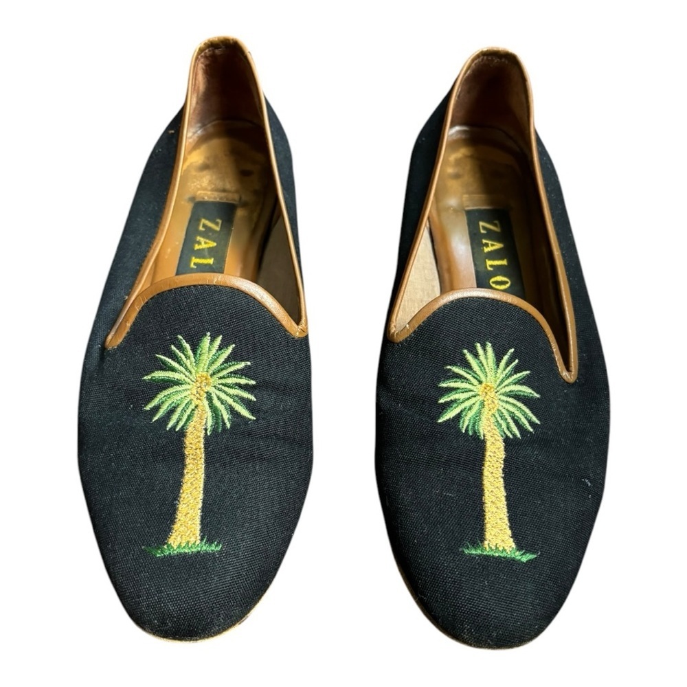 Zalo Black Palm Tree Slip On Almond Toe Embroidered Size 6.5 - Picture 1 of 12